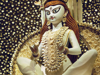 An idol of Durga is seen at a pandal during the Durga Puja festival in Kolkata, India, on October 9, 2024. (