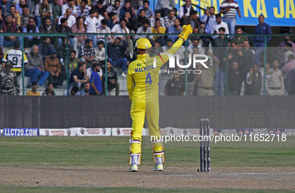 The Toyam Hyderabad wicketkeeper reacts during the Legends League Cricket T20 match between Toyam Hyderabad and Southern Superstars at the B...