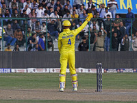 The Toyam Hyderabad wicketkeeper reacts during the Legends League Cricket T20 match between Toyam Hyderabad and Southern Superstars at the B...