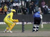 Players are in action during the Legends League Cricket T20 match between Toyam Hyderabad and Southern Superstars at the Bakshi Stadium in S...