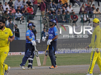 Batsmen (C) of Southern Superstars react during the Legends League Cricket T20 match between Toyam Hyderabad and Southern Superstars at the...