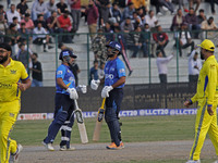 Batsmen (C) of Southern Superstars react during the Legends League Cricket T20 match between Toyam Hyderabad and Southern Superstars at the...