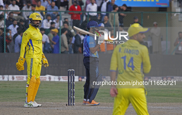 Players are in action during the Legends League Cricket T20 match between Toyam Hyderabad and Southern Superstars at the Bakshi Stadium in S...