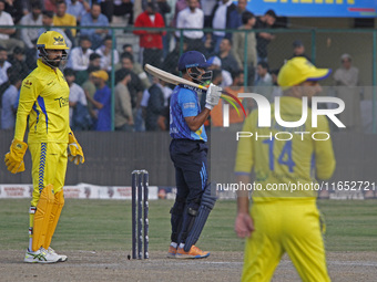 Players are in action during the Legends League Cricket T20 match between Toyam Hyderabad and Southern Superstars at the Bakshi Stadium in S...