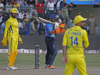 Players are in action during the Legends League Cricket T20 match between Toyam Hyderabad and Southern Superstars at the Bakshi Stadium in S...