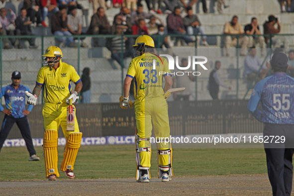 Peter Trego (L) and George Worker (R) of Toyam Hyderabad react during the Legends League Cricket T20 match between Toyam Hyderabad and South...