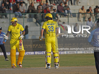 Peter Trego (L) and George Worker (R) of Toyam Hyderabad react during the Legends League Cricket T20 match between Toyam Hyderabad and South...