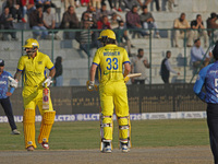 Peter Trego (L) and George Worker (R) of Toyam Hyderabad react during the Legends League Cricket T20 match between Toyam Hyderabad and South...