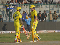 Peter Trego (L) and George Worker (R) of Toyam Hyderabad react during the Legends League Cricket T20 match between Toyam Hyderabad and South...