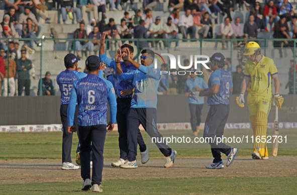 Toyam Hyderabad opener George Worker (R) reacts after being dismissed during the Legends League Cricket T20 match between Toyam Hyderabad an...