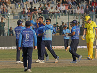 Toyam Hyderabad opener George Worker (R) reacts after being dismissed during the Legends League Cricket T20 match between Toyam Hyderabad an...