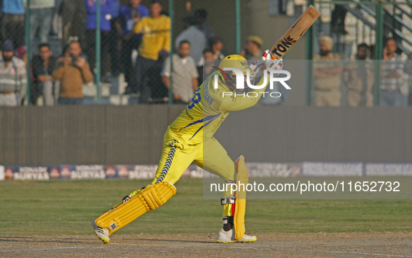 Toyam Hyderabad skipper Gurkeerat Singh Mann plays a shot during the Legends League Cricket T20 match between Toyam Hyderabad and Southern S...