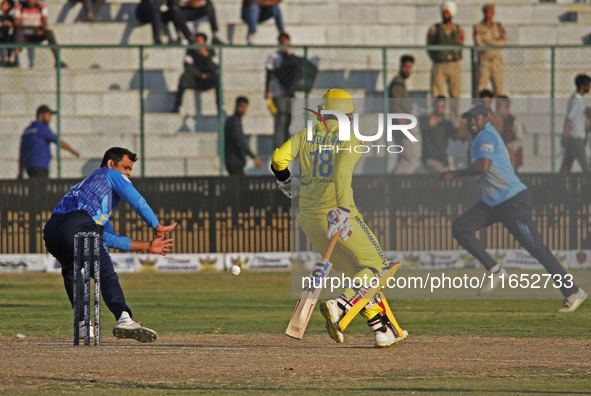 Toyam Hyderabad skipper Gurkeerat Singh Mann (C) plays a shot during the Legends League Cricket T20 match between Toyam Hyderabad and Southe...