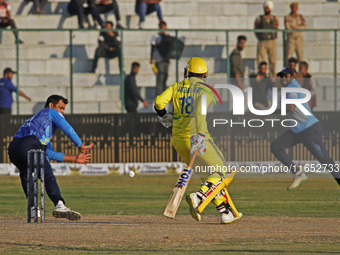 Toyam Hyderabad skipper Gurkeerat Singh Mann (C) plays a shot during the Legends League Cricket T20 match between Toyam Hyderabad and Southe...