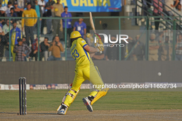 George Worker of Toyam Hyderabad plays a shot during the Legends League Cricket T20 match between Toyam Hyderabad and Southern Superstars at...