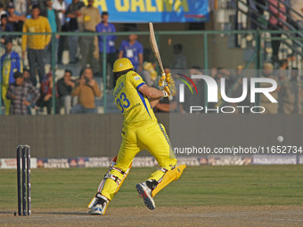 George Worker of Toyam Hyderabad plays a shot during the Legends League Cricket T20 match between Toyam Hyderabad and Southern Superstars at...