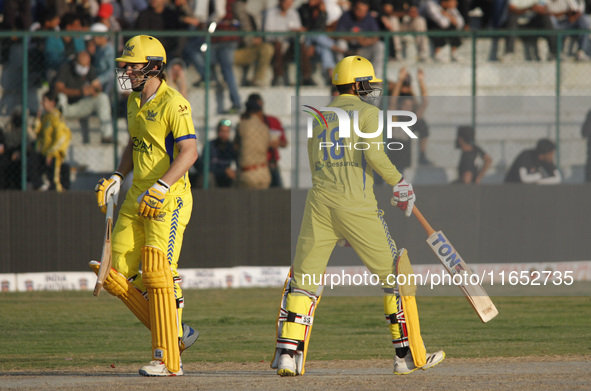 Toyam Hyderabad skipper Gurkeerat Singh Mann (R) and George Worker (L) appear during the Legends League Cricket T20 match between Toyam Hyde...