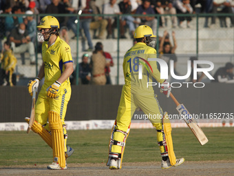 Toyam Hyderabad skipper Gurkeerat Singh Mann (R) and George Worker (L) appear during the Legends League Cricket T20 match between Toyam Hyde...