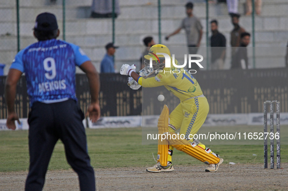 Ravi Jangid (R) of Toyam Hyderabad remains unbeaten on 42 from 48 balls during the Legends League Cricket T20 match between Toyam Hyderabad...