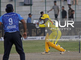 Ravi Jangid (R) of Toyam Hyderabad remains unbeaten on 42 from 48 balls during the Legends League Cricket T20 match between Toyam Hyderabad...