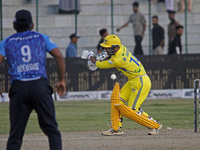 Ravi Jangid (R) of Toyam Hyderabad remains unbeaten on 42 from 48 balls during the Legends League Cricket T20 match between Toyam Hyderabad...