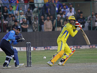 Toyam Hyderabad skipper Gurkeerat Singh Mann (R) plays a shot during the Legends League Cricket T20 match between Toyam Hyderabad and Southe...