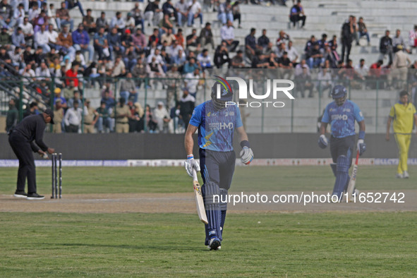 Martin Guptill (C) of Southern Superstars reacts after being dismissed during the Legends League Cricket T20 match between Toyam Hyderabad a...