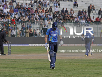 Martin Guptill (C) of Southern Superstars reacts after being dismissed during the Legends League Cricket T20 match between Toyam Hyderabad a...