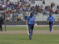 Martin Guptill (C) of Southern Superstars reacts after being dismissed during the Legends League Cricket T20 match between Toyam Hyderabad a...