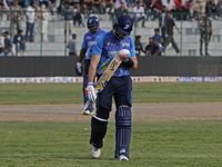 Martin Guptill of Southern Superstars reacts after being dismissed during the Legends League Cricket T20 match between Toyam Hyderabad and S...