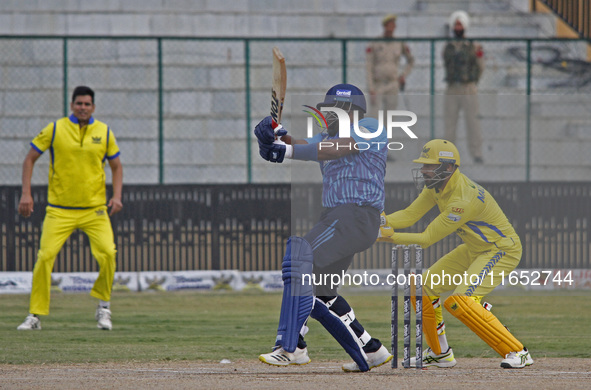 Players are in action during the Legends League Cricket T20 match between Toyam Hyderabad and Southern Superstars at the Bakshi Stadium in S...