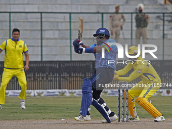 Players are in action during the Legends League Cricket T20 match between Toyam Hyderabad and Southern Superstars at the Bakshi Stadium in S...