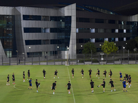 Players of the Qatar National team train at Aspire Academy in Doha, Qatar, on October 9, 2024, ahead of the FIFA World Cup 2026 Qualificatio...