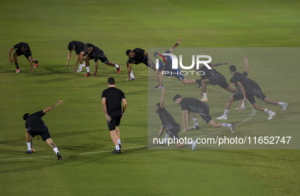 Players of the Qatar National team train at Aspire Academy in Doha, Qatar, on October 9, 2024, ahead of the FIFA World Cup 2026 Qualificatio...