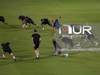 Players of the Qatar National team train at Aspire Academy in Doha, Qatar, on October 9, 2024, ahead of the FIFA World Cup 2026 Qualificatio...