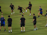 Players of the Qatar National team train at Aspire Academy in Doha, Qatar, on October 9, 2024, ahead of the FIFA World Cup 2026 Qualificatio...