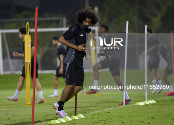 Akram Afif from the Qatar National football team attends a training session at Aspire Academy in Doha, Qatar, on October 9, 2024, ahead of t...