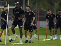 Abdelkarim Hassan from the Qatar National football team attends a training session at Aspire Academy in Doha, Qatar, on October 9, 2024, ahe...