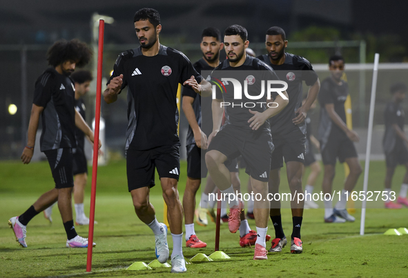 Players of the Qatar National team train at Aspire Academy in Doha, Qatar, on October 9, 2024, ahead of the FIFA World Cup 2026 Qualificatio...