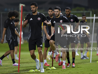 Players of the Qatar National team train at Aspire Academy in Doha, Qatar, on October 9, 2024, ahead of the FIFA World Cup 2026 Qualificatio...