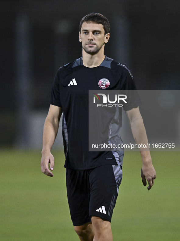 Lucas Mendez from the Qatar National football team attends a training session at Aspire Academy in Doha, Qatar, on October 9, 2024, ahead of...