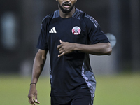 Ismaeel Mohammad from the Qatar National football team attends a training session at Aspire Academy in Doha, Qatar, on October 9, 2024, ahea...