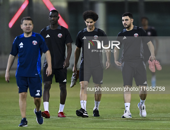 Players of the Qatar National team train at Aspire Academy in Doha, Qatar, on October 9, 2024, ahead of the FIFA World Cup 2026 Qualificatio...