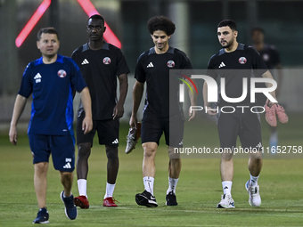 Players of the Qatar National team train at Aspire Academy in Doha, Qatar, on October 9, 2024, ahead of the FIFA World Cup 2026 Qualificatio...