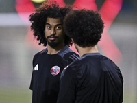 Akram Afif from the Qatar National football team attends a training session at Aspire Academy in Doha, Qatar, on October 9, 2024, ahead of t...