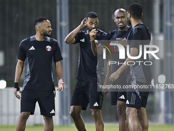 Players of the Qatar National team train at Aspire Academy in Doha, Qatar, on October 9, 2024, ahead of the FIFA World Cup 2026 Qualificatio...