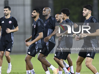 Players of the Qatar National team train at Aspire Academy in Doha, Qatar, on October 9, 2024, ahead of the FIFA World Cup 2026 Qualificatio...