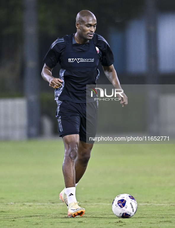 Abdelkarim Hassan from the Qatar National football team attends a training session at Aspire Academy in Doha, Qatar, on October 9, 2024, ahe...