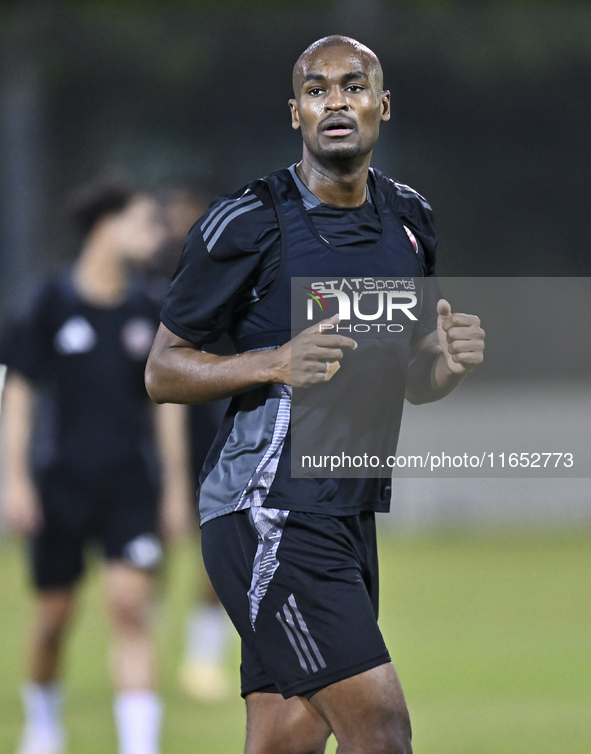 Abdelkarim Hassan from the Qatar National football team attends a training session at Aspire Academy in Doha, Qatar, on October 9, 2024, ahe...