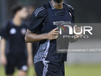 Abdelkarim Hassan from the Qatar National football team attends a training session at Aspire Academy in Doha, Qatar, on October 9, 2024, ahe...